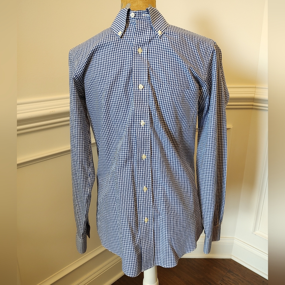 Brooks Brothers Milano blue and white checked button down long sleeve. Neck 14.5